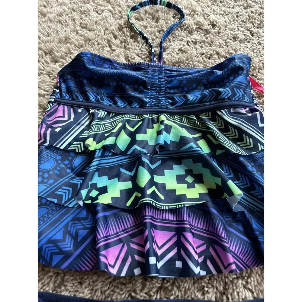JUSTICE Size 7/8 Girls SWIMSUIT Tankini Ruffle Halter Swim Suit Cupcake Blue Q24